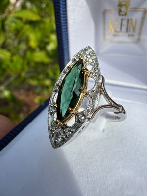 Custom 14k White Gold Marquise 1.11ct Green Tourmaline &amp; Diamond Navette Ring- Victorian Inspired Design Dia: 0.20ctw