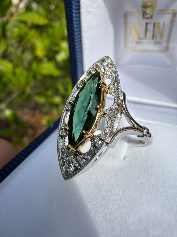 Custom 14k White Gold Marquise 1.11ct Green Tourmaline &amp; Diamond Navette Ring- Victorian Inspired Design Dia: 0.20ctw
