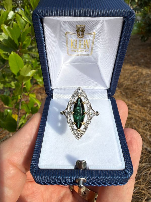 Custom 14k White Gold Marquise 1.11ct Green Tourmaline &amp; Diamond Navette Ring- Victorian Inspired Design Dia: 0.20ctw