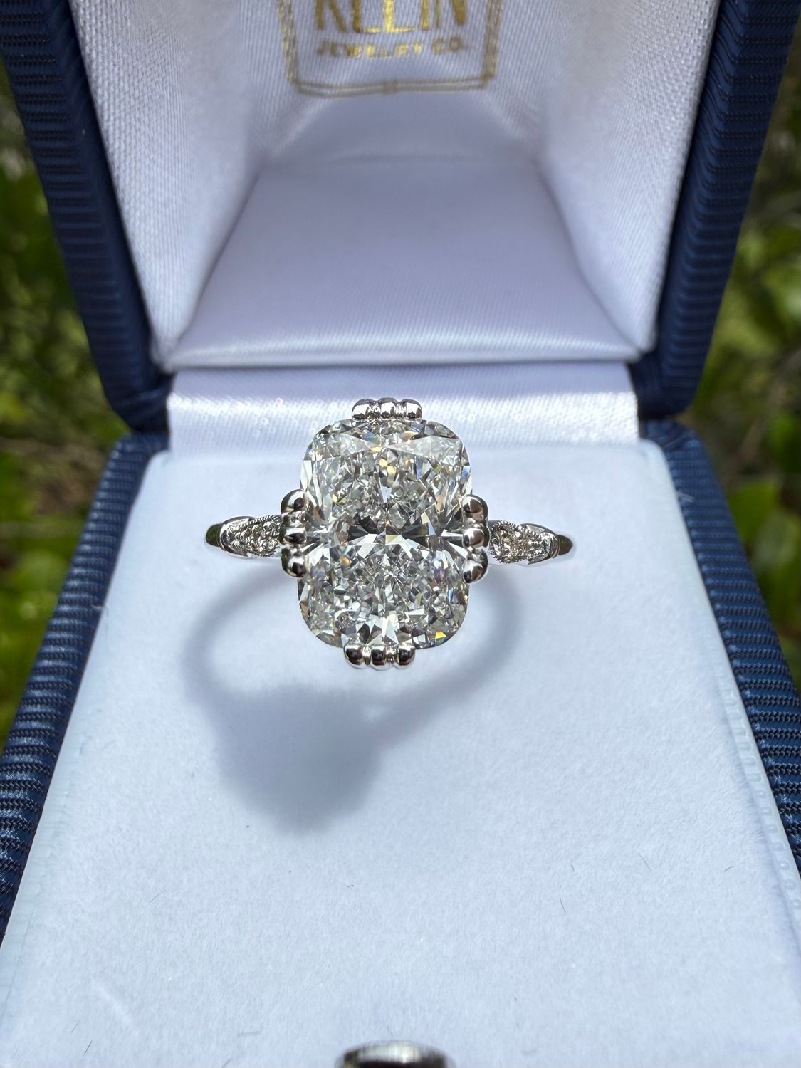 14k White Gold 3.02 ct Elongated Cushion Lab Diamond Vintage Inspire Engagement Ring D VS1 with diamond accents.  3.07ctw IGI Cert 711513476