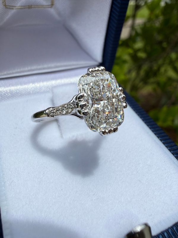 14k White Gold 3.02 ct Elongated Cushion Lab Diamond Vintage Inspire Engagement Ring D VS1 with diamond accents.  3.07ctw IGI Cert 711513476