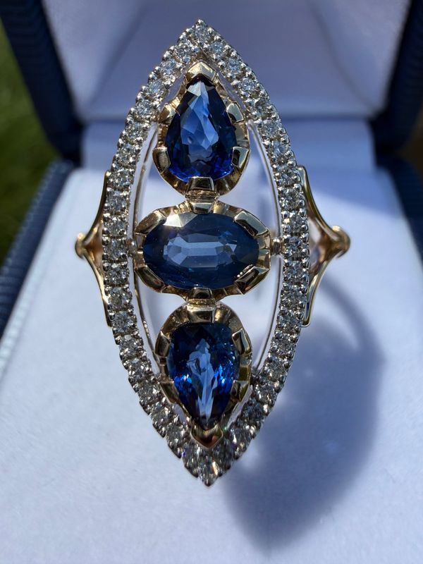 14k Gold Yellow and White Gold Custom Victorian Inspired Navette Sapphire and Diamond ring with 1.9ctw Sapphire &amp;  .26ctw Diamonds