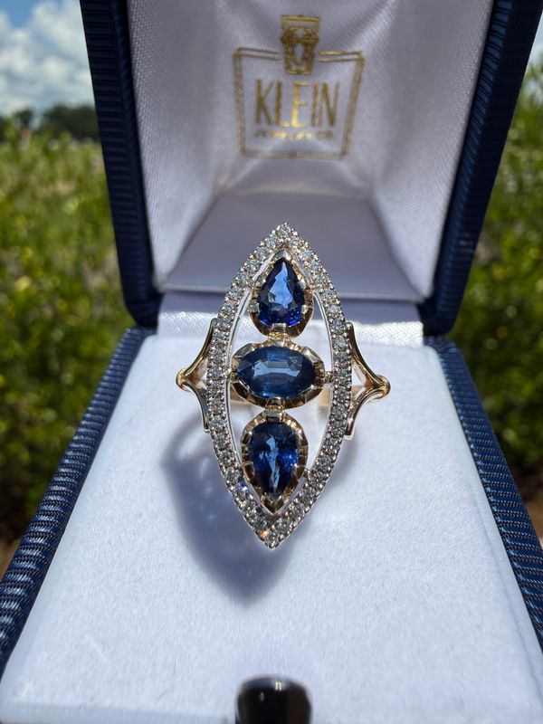14k Gold Yellow and White Gold Custom Victorian Inspired Navette Sapphire and Diamond ring with 1.9ctw Sapphire &amp;  .26ctw Diamonds
