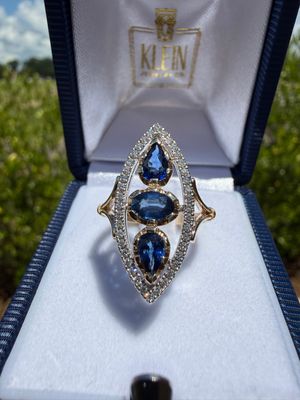 14k Gold Yellow and White Gold Custom Victorian Inspired Navette Sapphire and Diamond ring with 1.9ctw Sapphire &amp;  .26ctw Diamonds