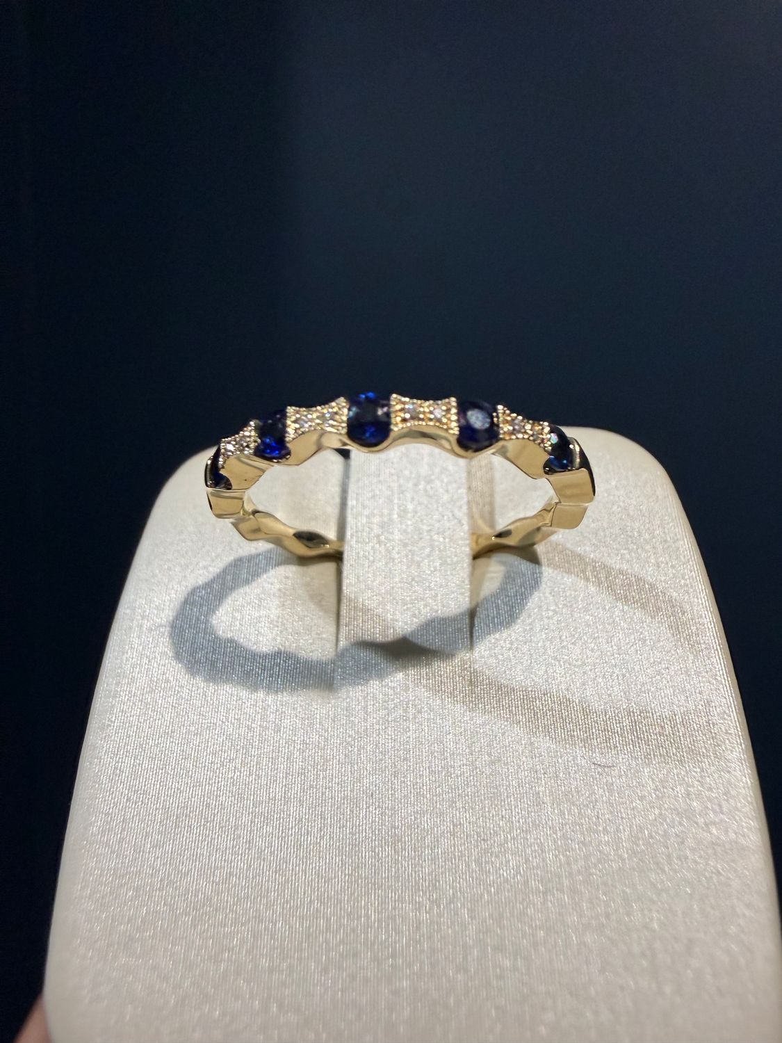 14k Yellow Gold Band with Alternating Sapphire and Diamonds with Milgrain accents.Dia: .02ctw  Sap:.28ctw