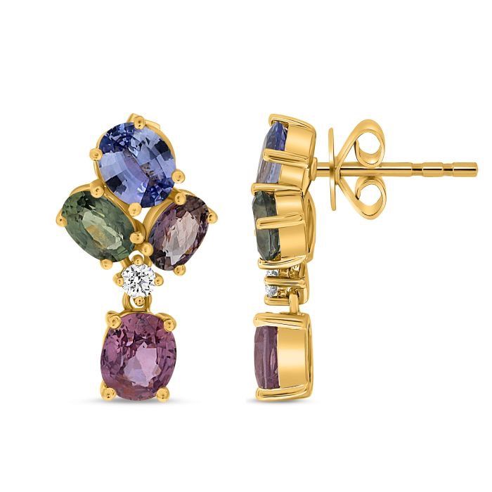 14k Yellow Gold Multi Color Oval Shape Sapphire and Diamond Earrings Sapp: 4.59ct Dia:0.10ctw