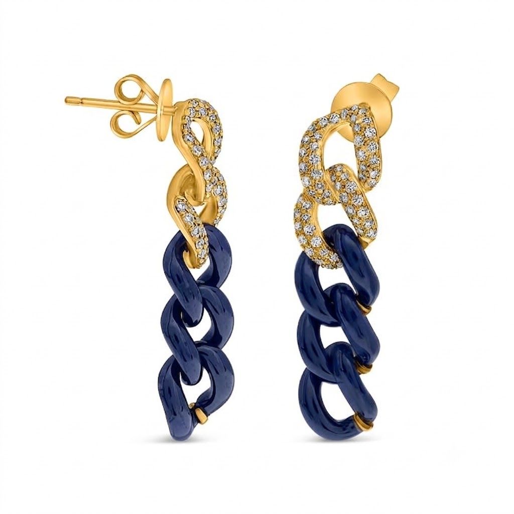 14k Yellow Gold Diamond and Blue Ceramic Chain Link Earrings 0.45ctw