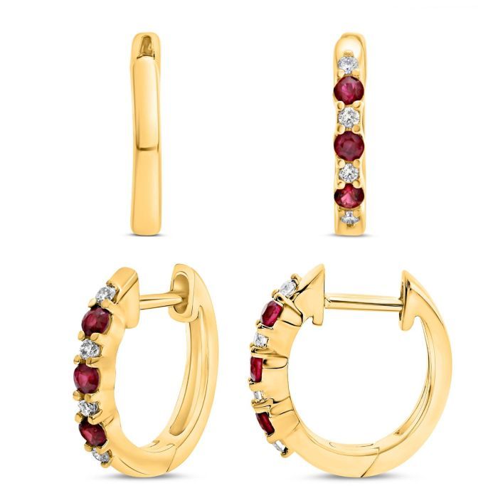 14k Yellow Gold Ruby and Diamond Small Hoop Earrings Ruby: 0.16ctw Dia: 0.06ctw