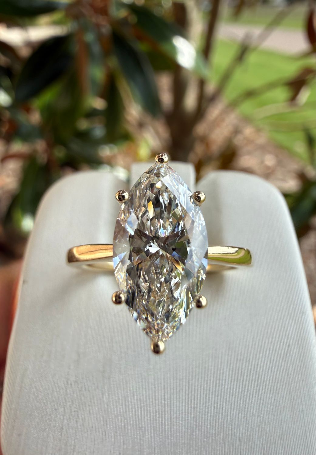 14k Yellow Gold 2.08 ct E VVS2 Marquise Shape Lab Diamond Center Solitaire Engagement Ring with hidden halo with a tulip style setting 2.15ctw
