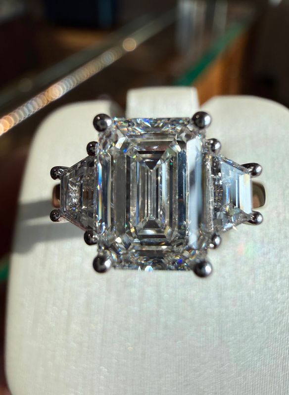 14k Yellow and White Gold Three Stone 2.08ct E VVS2 Center Emerld Cut Lab Grown Diamond Engagement Ring with Trapazoid Cut Sides .53ct Ring total Lab Dia 2.61ctw