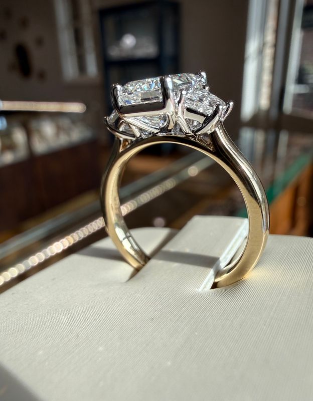14k Yellow and White Gold Three Stone 2.08ct E VVS2 Center Emerld Cut Lab Grown Diamond Engagement Ring with Trapazoid Cut Sides .53ct Ring total Lab Dia 2.61ctw