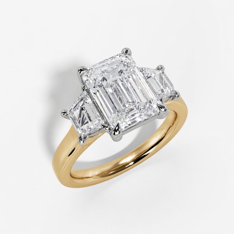 14k Yellow and White Gold Three Stone 2.10ct E VVS2 Center Emerld Cut Lab Grown Diamond Engagement Ring with Trapazoid Cut Sides .53ct Ring total Lab Dia 2.63ctw