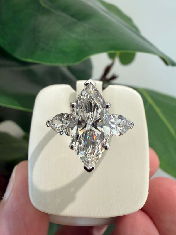 14k White Gold Three-Stone 3.01ct E VVS2 Marquise Lab Diamond Engagement Ring With Pear-Shaped Diamond Side Stones. Lab Pear Sides 0.85ctw