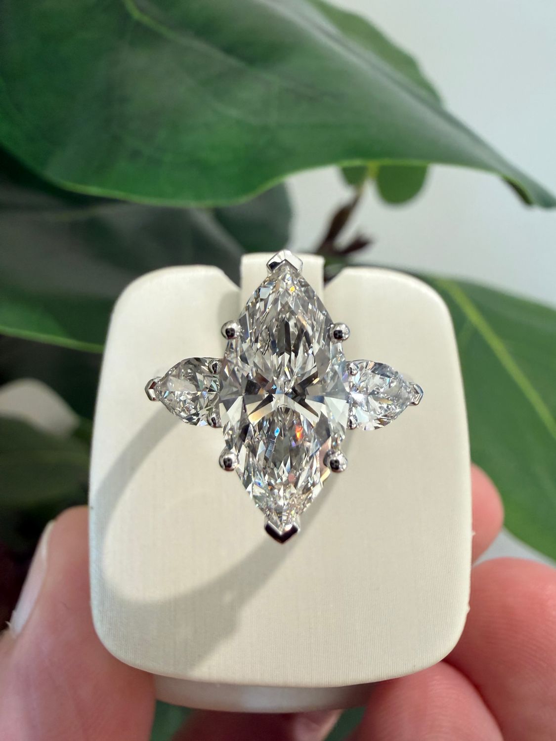 14k White Gold Three-Stone 3.01ct E VVS2 Marquise Lab Diamond Engagement Ring With Pear-Shaped Diamond Side Stones. Lab Pear Sides 0.85ctw