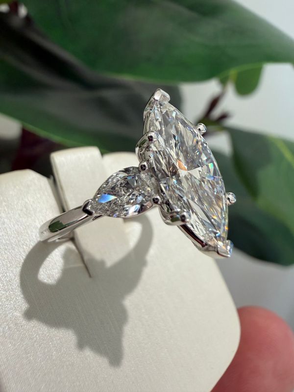 14k White Gold Three-Stone 3.01ct E VVS2 Marquise Lab Diamond Engagement Ring With Pear-Shaped Diamond Side Stones. Lab Pear Sides 0.85ctw