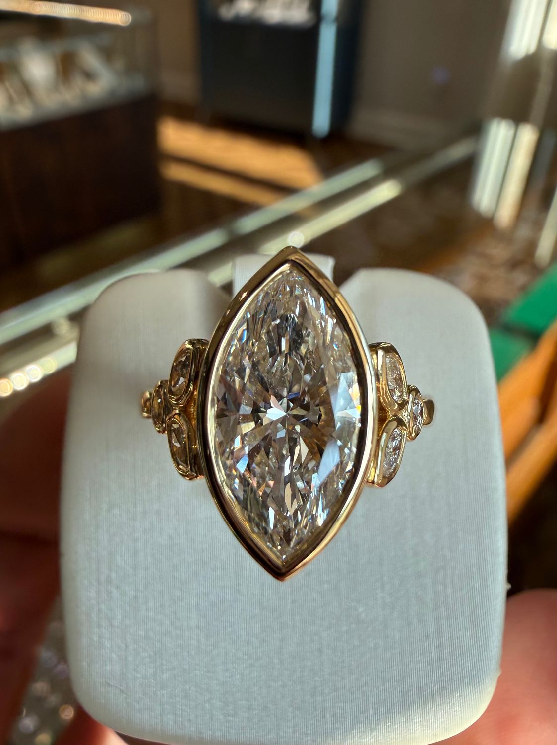 14k Yellow Gold  Bezel-Set 2.65ct F VS2 Marquise Lab Diamond Engagement Ring With Bezel-Set Marquise Lab Diamond Side Stones 2.95ctw