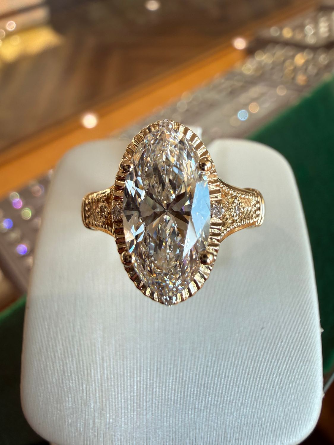 14k Yellow Gold Vintage Inspired 2.10 ct Moval Lab Diamond Engagement Ring With Round Diamond Side Accents &amp; Milgrain Accents 2.13ctw