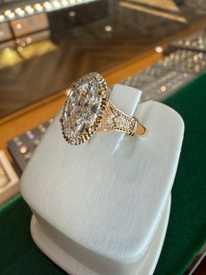 14k Yellow Gold Vintage Inspired 2.10 ct Moval Lab Diamond Engagement Ring With Round Diamond Side Accents &amp; Milgrain Accents 2.13ctw