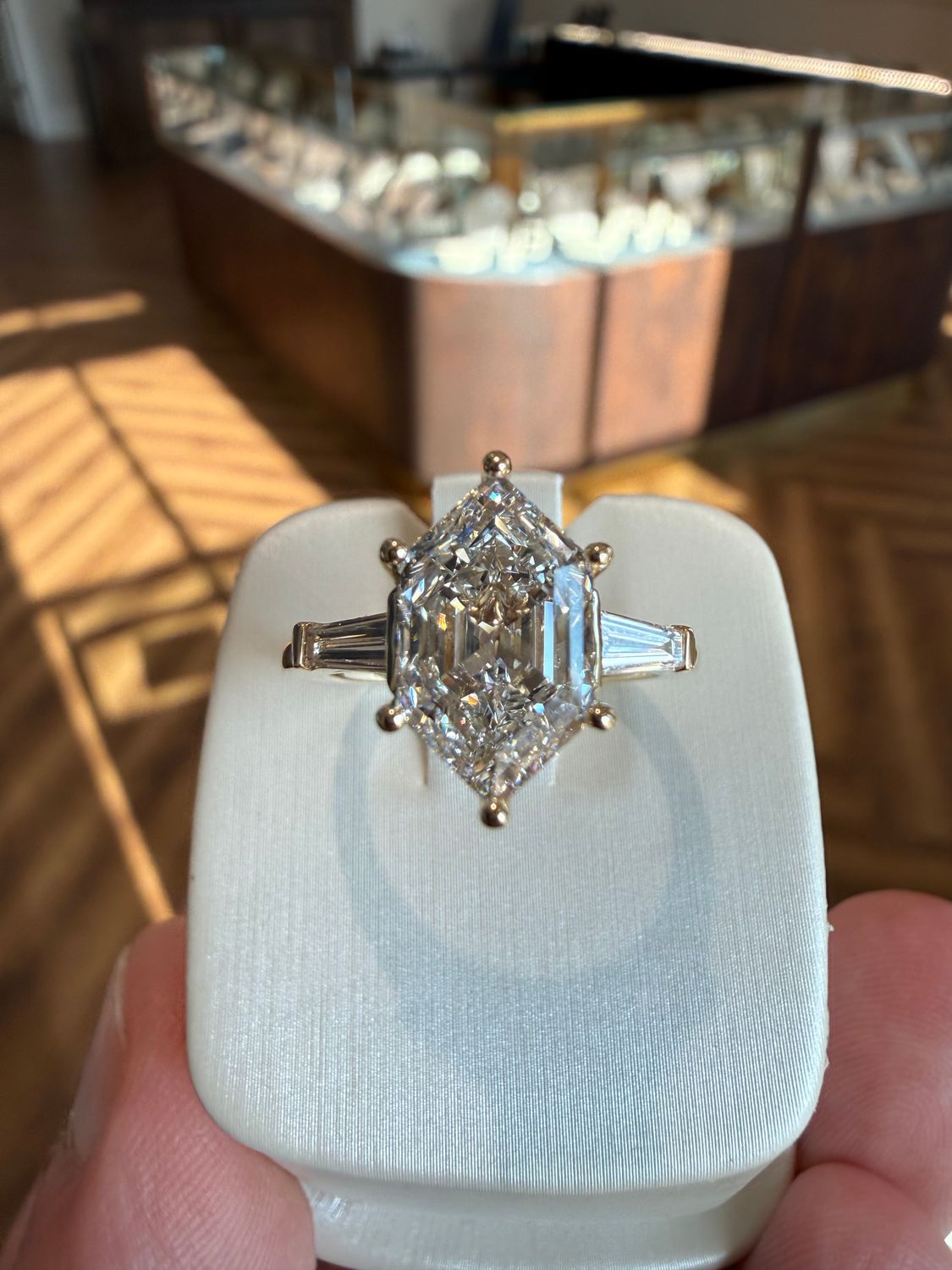 14k Yellow Gold 3.09ct Step Cut Duchess E VS1 Three-Stone Lab Diamond Engagement Ring With Tapered Baguette Diamond Side Stones 3.4ctw