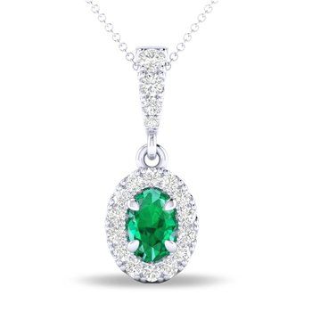 14k White Gold  Oval Natural Emerald &amp; Diamond Halo Pendant Necklace Dia: 0.30 CTW. EM OV 0.62 CT.