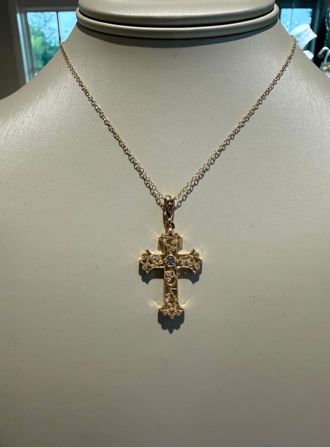 14k Yellow Gold Milgrain Art Deco Natural Diamond Cross Pendant Necklace 18" adj