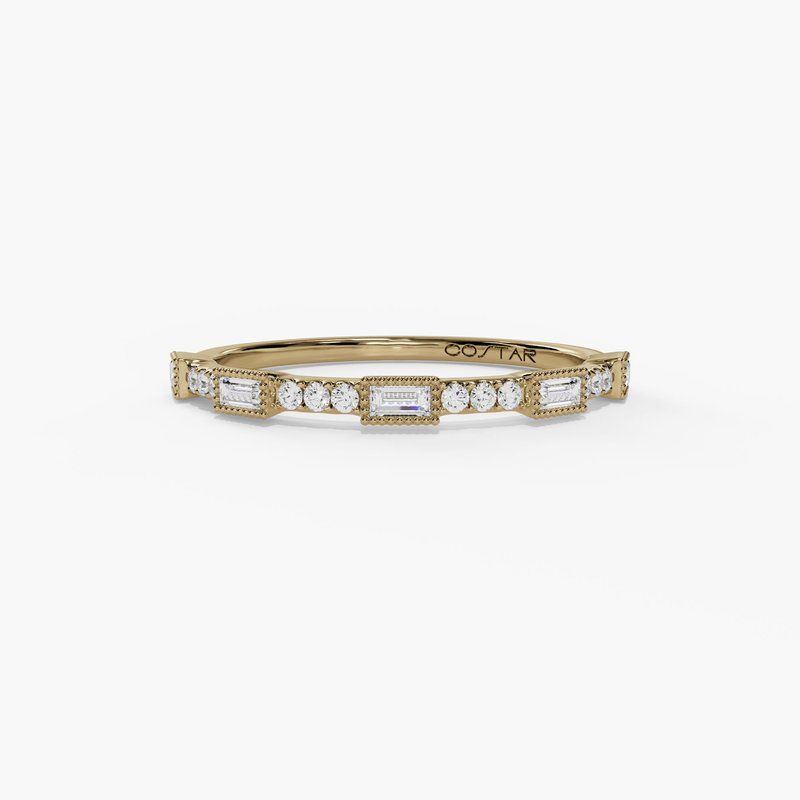 14k Yellow Baguette-Station Round Natural Diamond Stackable Band 0.15ctw