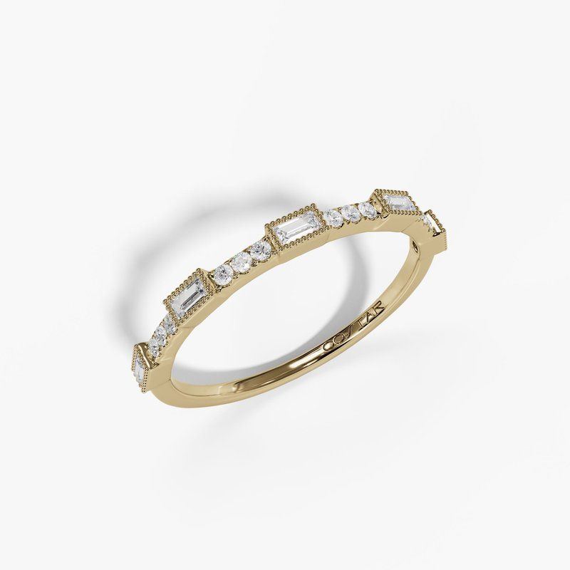 14k Yellow Baguette-Station Round Natural Diamond Stackable Band 0.15ctw