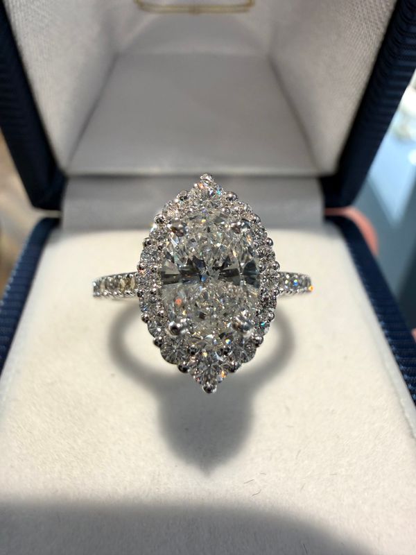 14k White Gold 1.13ct Oval Diamond Engagement Ring with Starburst Diamond Halo and Diamond Shank 1.88ctw