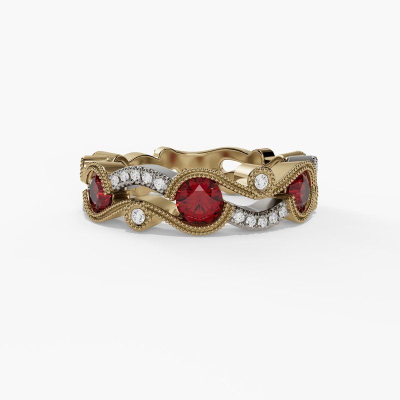 14k Yellow and White Gold Two Tone  Interlocking-Vine Natural Ruby &amp; Diamond Fashion Band. Dia:0.15 RU 0.60 CT.