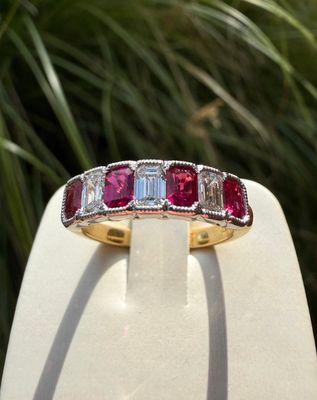 18k Yellow and White Gold Emerald Cut Burma Ruby and Diamond Ring Dia:0.56 Ruby:0.78
