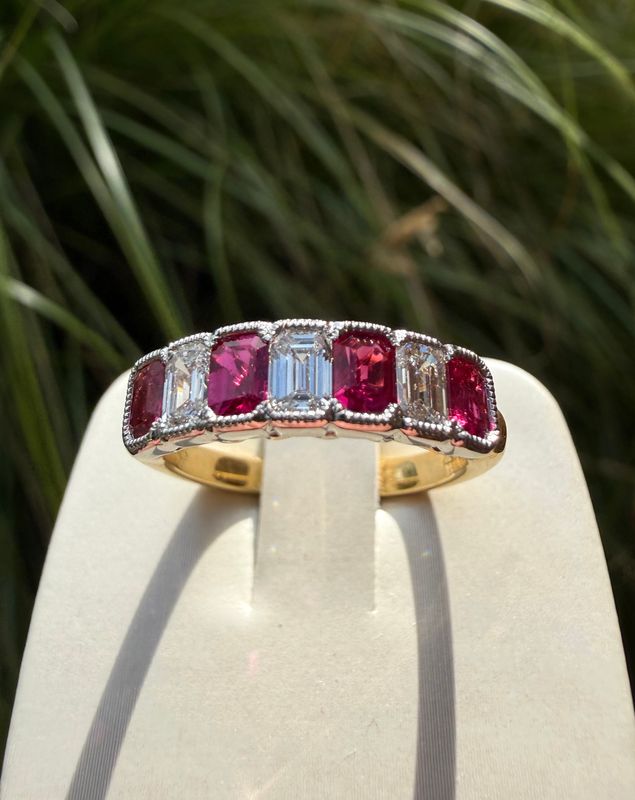 18k Yellow and White Gold Emerald Cut Burma Ruby and Diamond Ring Dia:0.56 Ruby:0.78