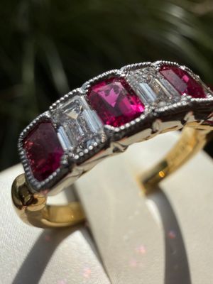 18k Yellow and White Gold Emerald Cut Burma Ruby and Diamond Ring Dia:0.56 Ruby:0.78