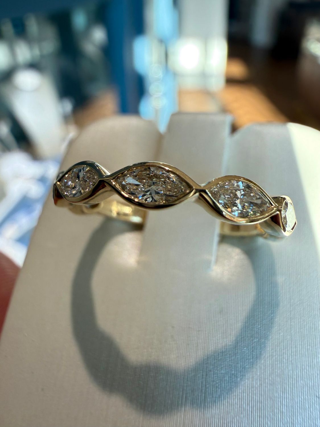 14k Yellow Lab Grown Bezel Set Marquise 7 Stone Band .75ctw