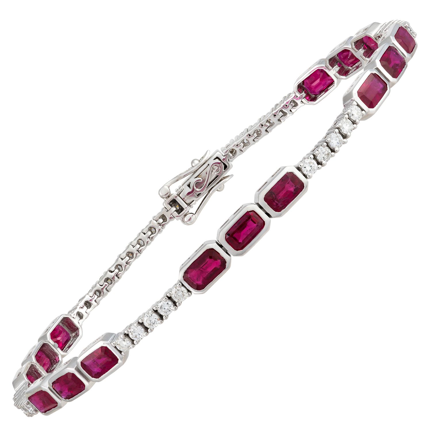 18k White Gold Emerald Cut Ruby and Round Diamond Tennis Bracelet Ruby:5.08ctw Dia:1ctw