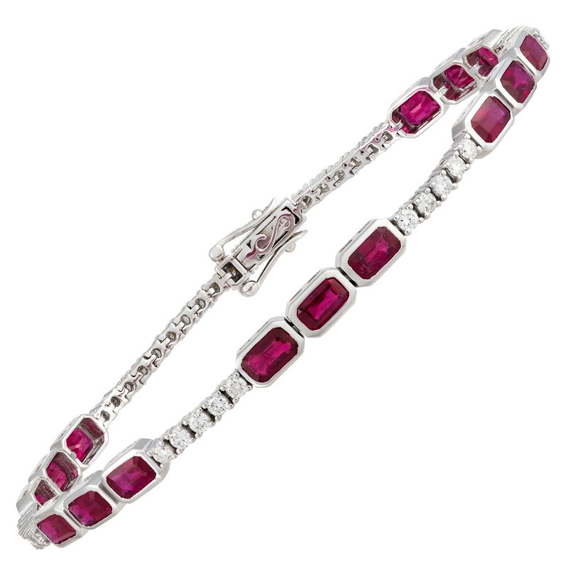 18k White Gold Emerald Cut Ruby and Round Diamond Tennis Bracelet Ruby:5.08ctw Dia:1ctw