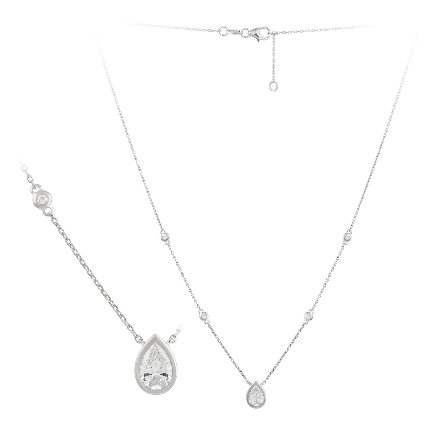 18k White Gold Pear Shape Diamond Bezel Set Pendant Necklace with Four Diamond Stations. Pear 0.70ct Dia:0.06ctw/4p
