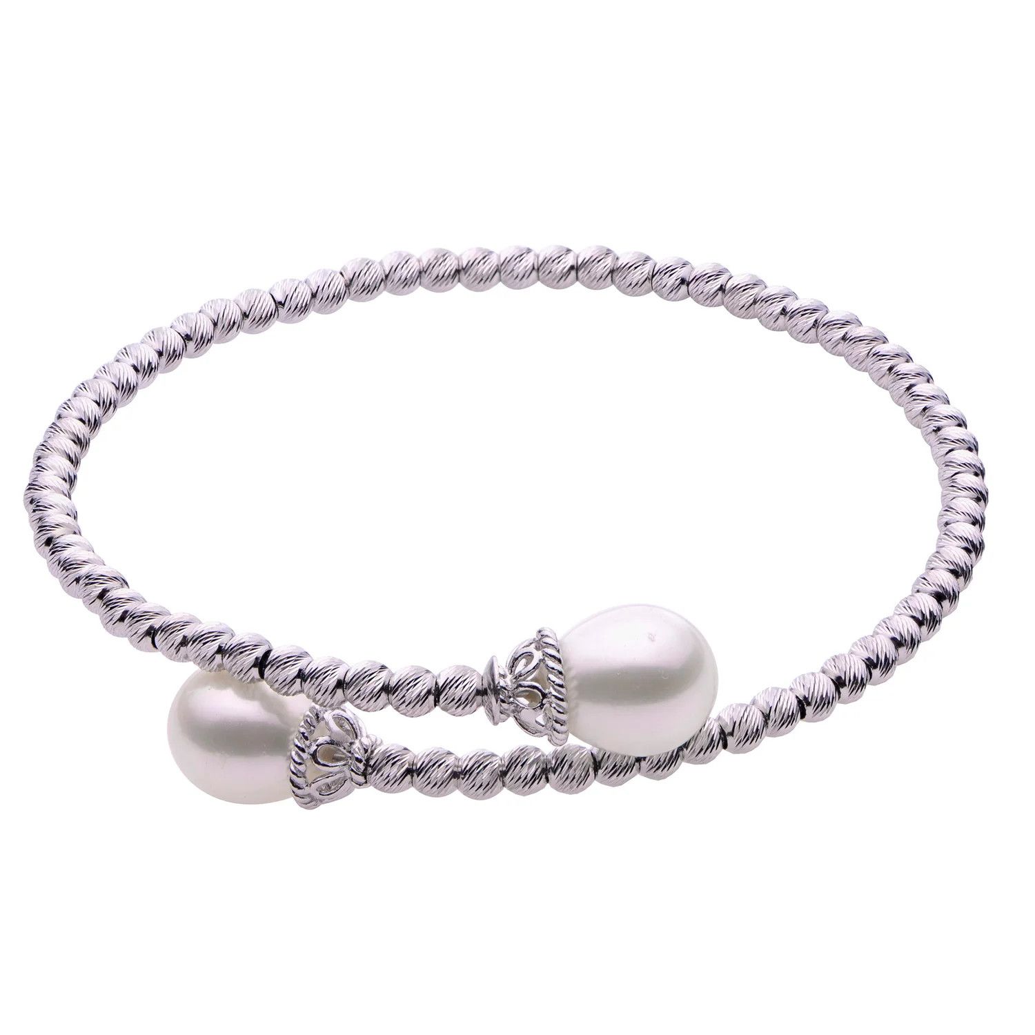 Sterling Silver Diamond Cut Beaded Freshwater Pearl Bracelet 7.5" 8-9mm FWP
