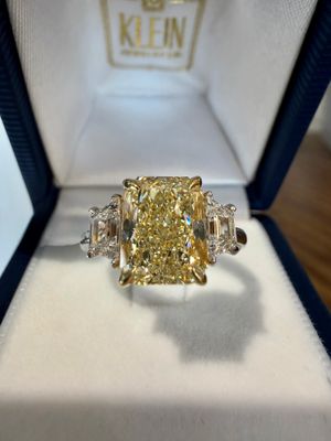 3.03ct Natural Yellow Radiant Cut Diamond Center Three Stone Ring with Trap Sides 0.65ctw in 18k White and Yellow Gold Setting