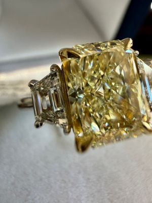 3.03ct Natural Yellow Radiant Cut Diamond Center Three Stone Ring with Trap Sides 0.65ctw in 18k White and Yellow Gold Setting