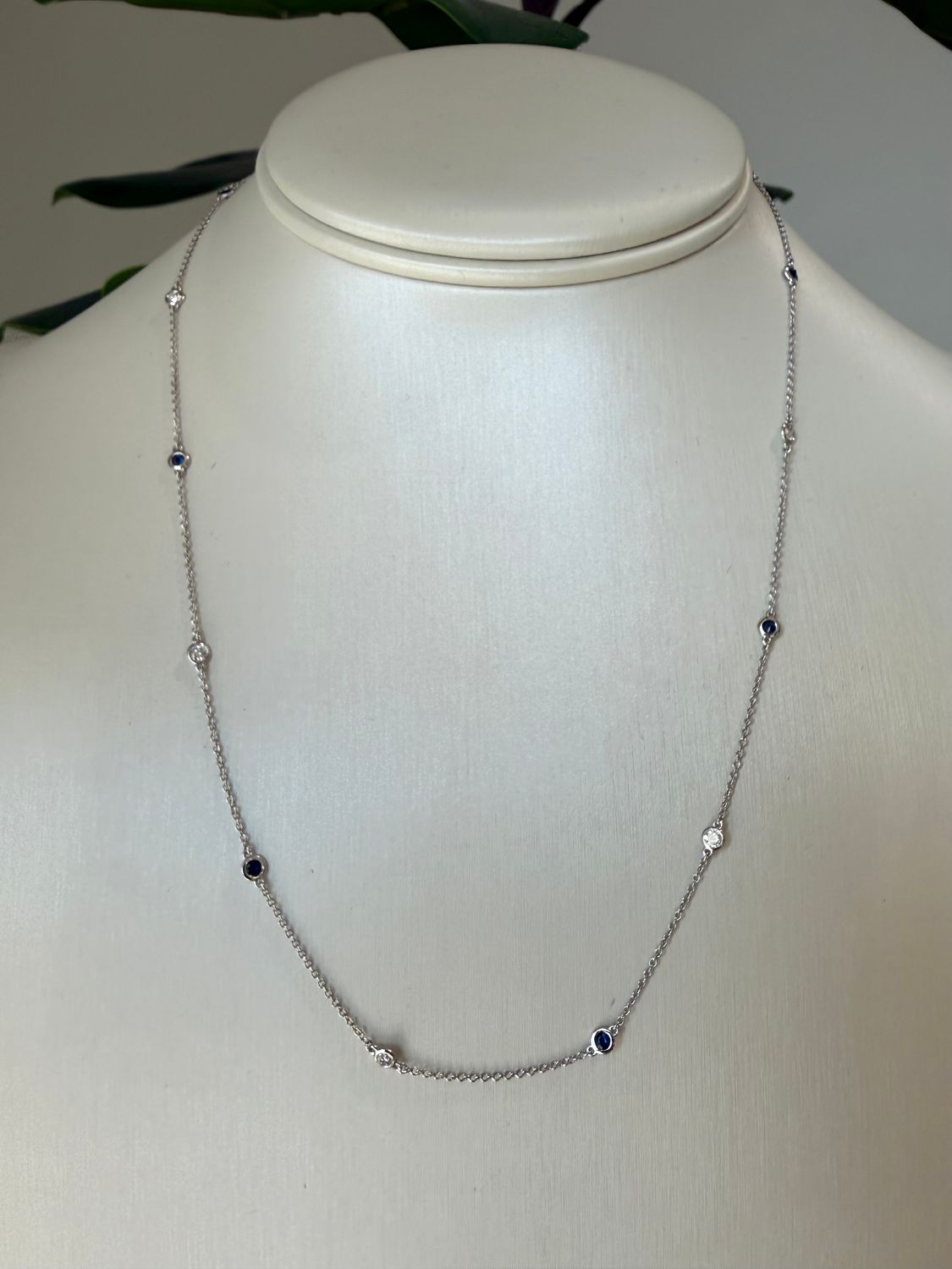 14k White Gold Diamond and Blue Sapphire Diamond by the Yard Necklace Dia:0.35ctw Sapp:0.47ctw