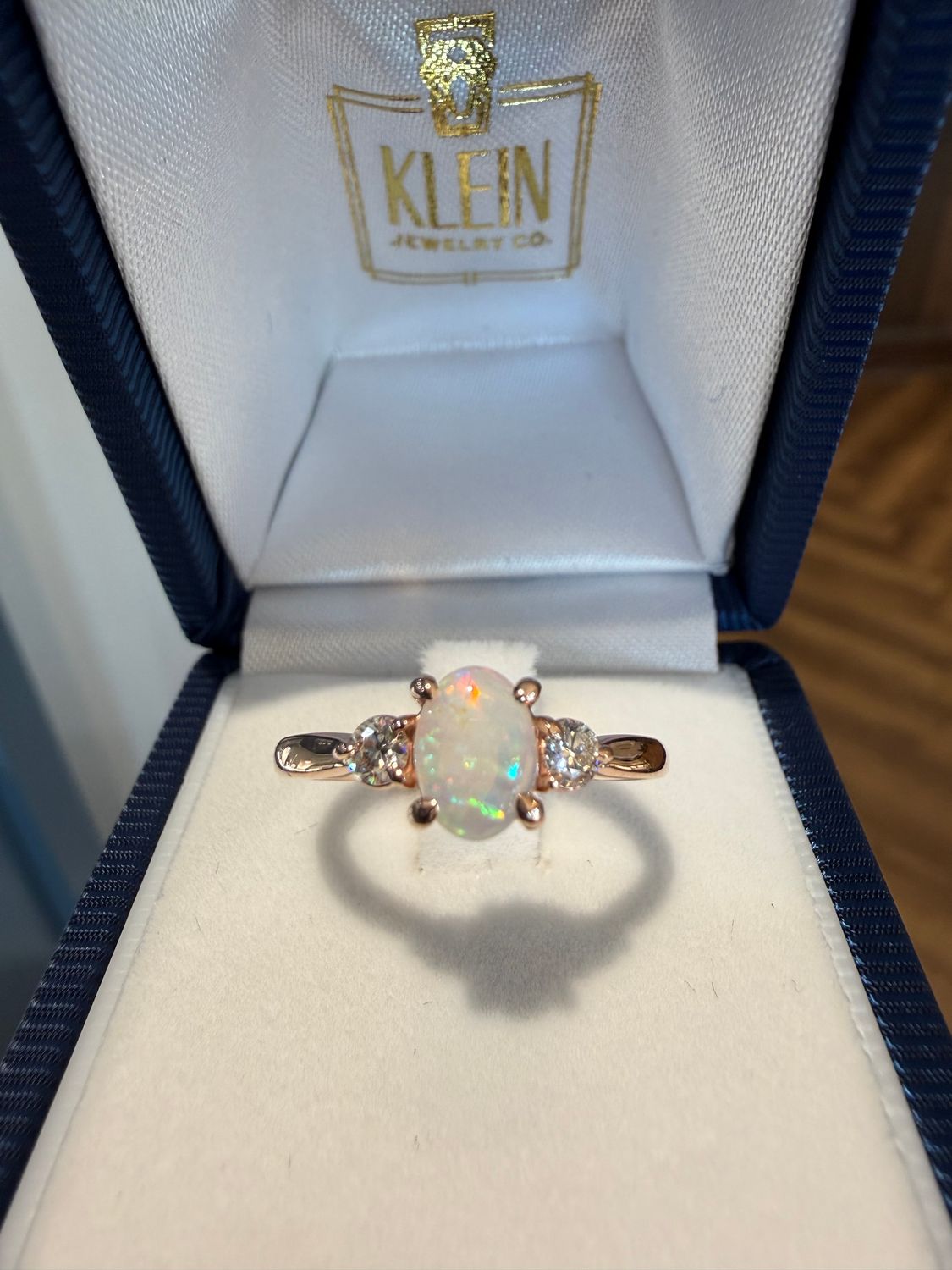 14k Rose Gold Three Stone Ring with Oval Shape Opal Center with Diamond Side Stones