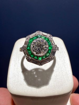 Platinum Vintage Style Emerald and Diamond Ring. Center 0.87ct Em: 0.85ctw