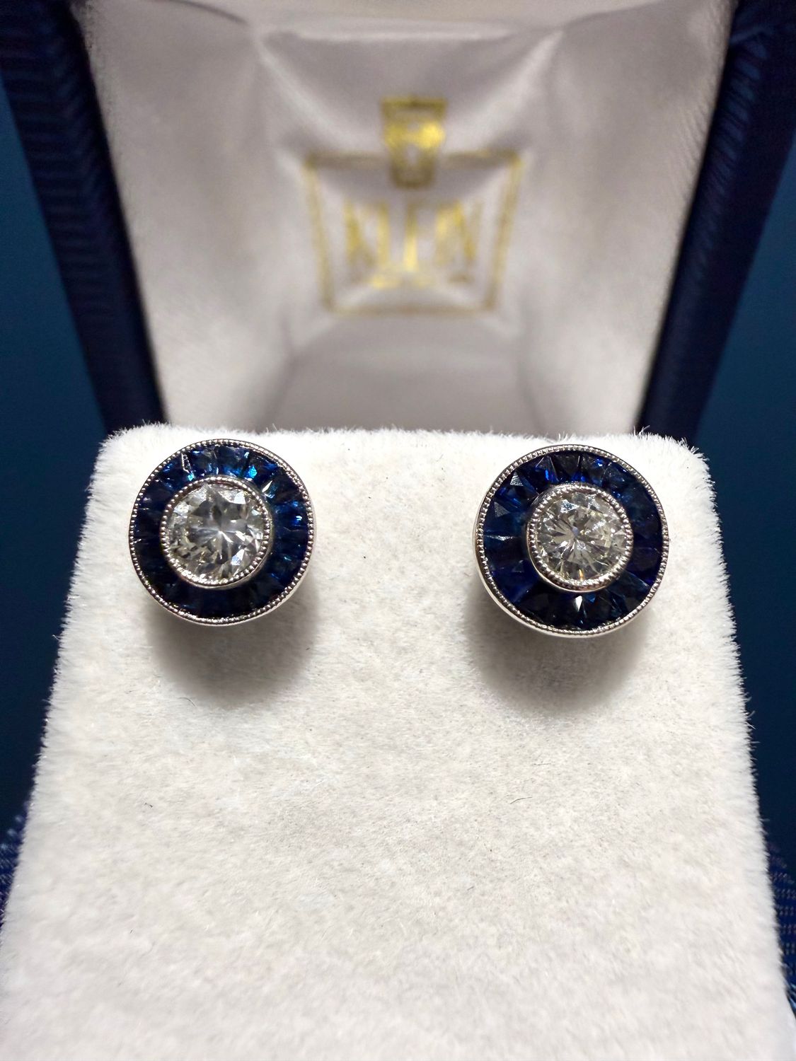 Platinum Diamond and Sapphire Halo Studs with Milgrain