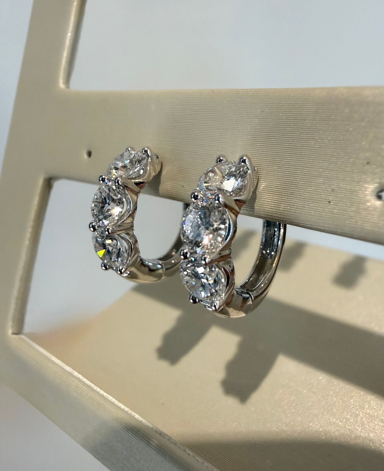 14k White Gold Lab Grown Three Stone Hoop Earrings 1.94ctw