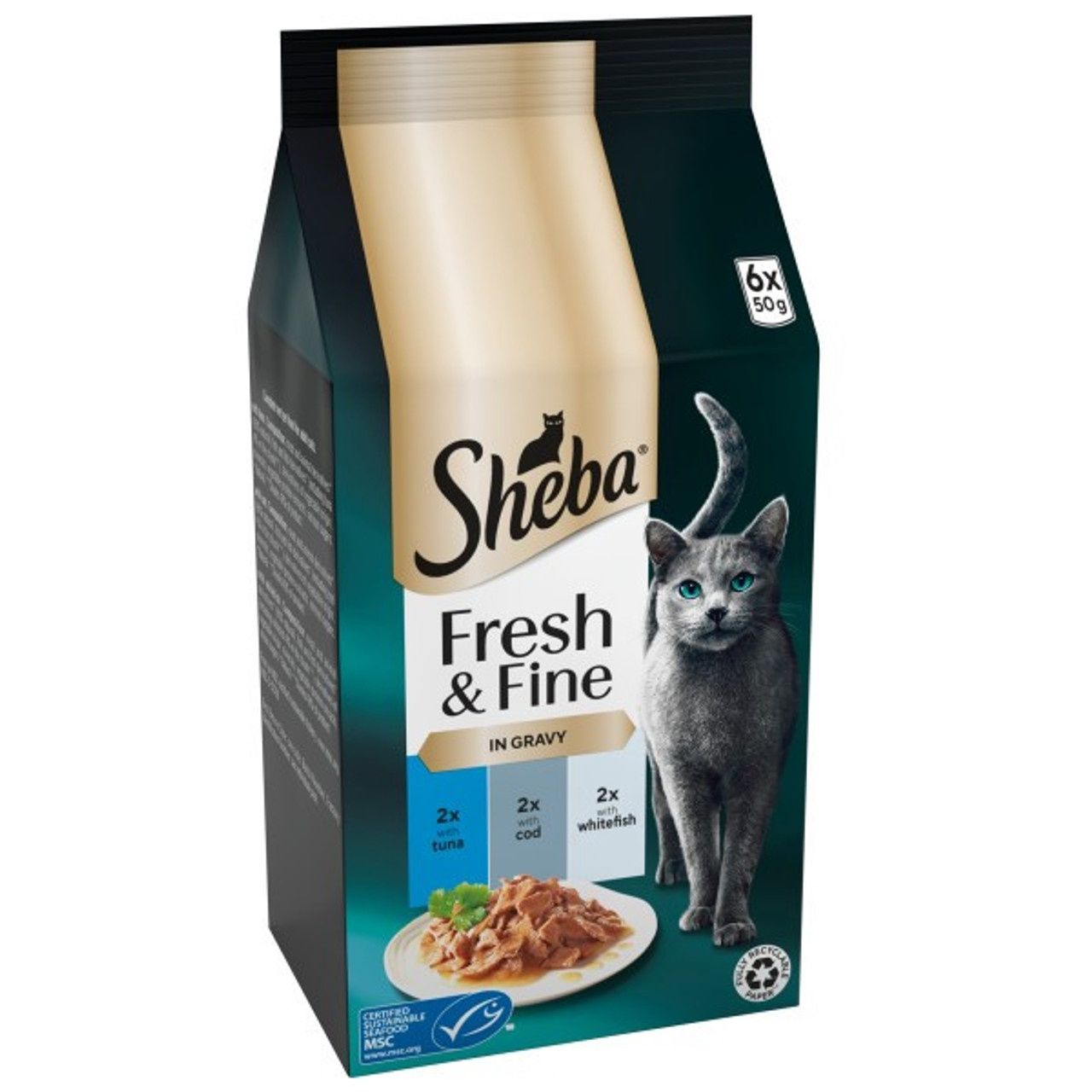 Sheba Fresh &amp; Fine Wet Cat Food Pouches Tuna &amp; Cod in Gravy 6 Pack, 50g