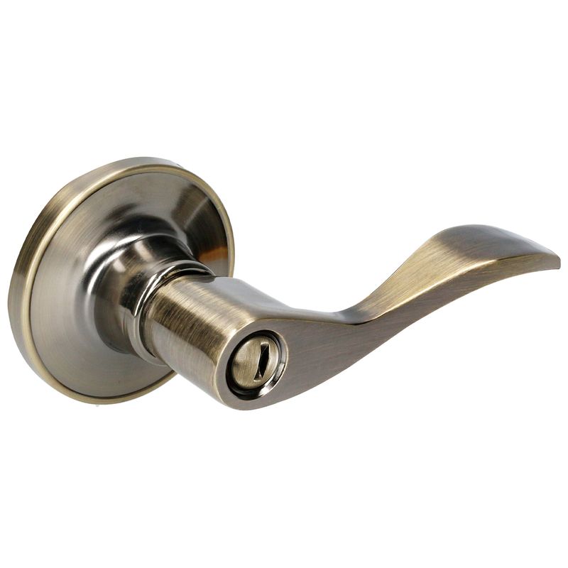Manija tubular curva función baño, latón antiguo, llave estándar, blíster Lock