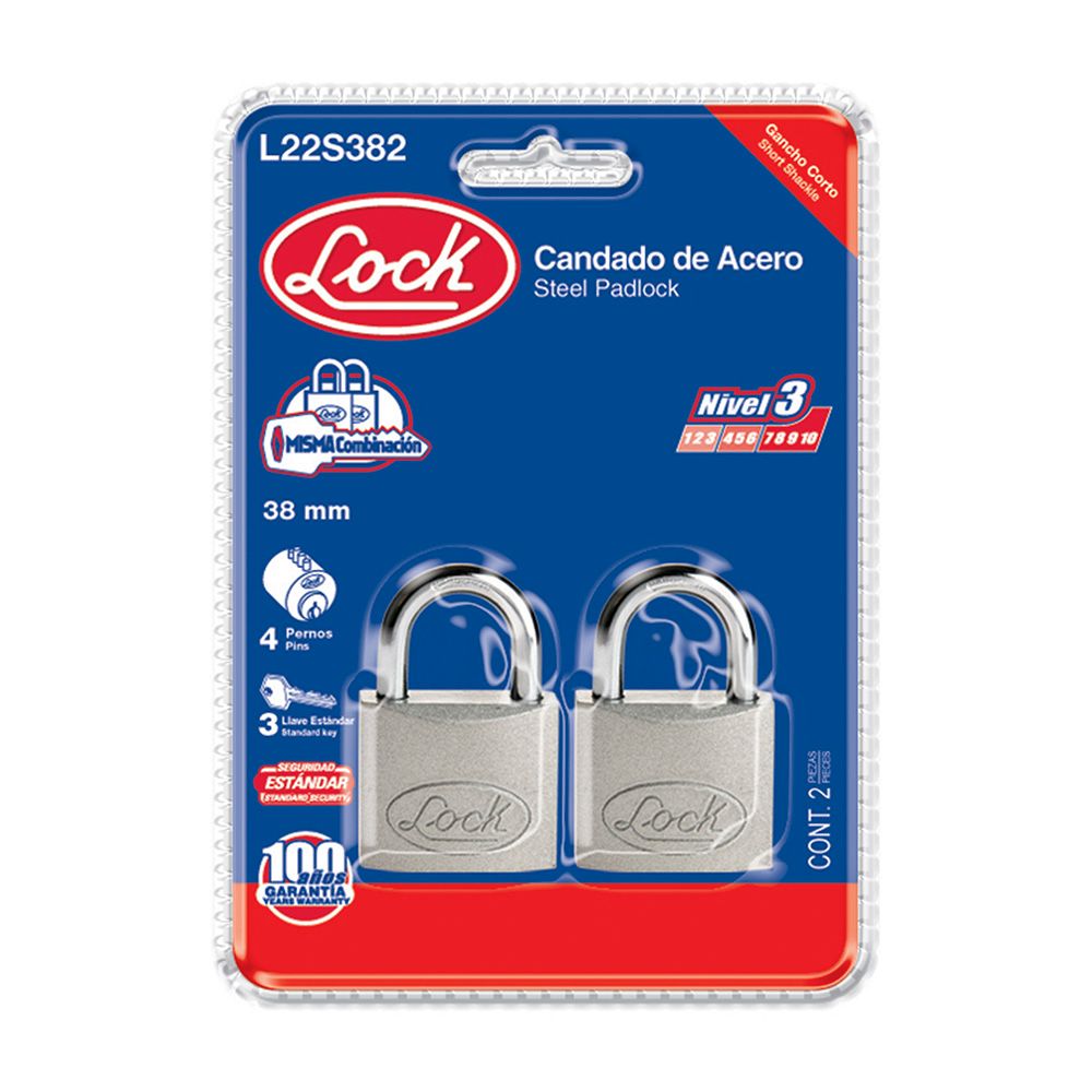 Juego de candados de acero cortos 38 mm, llave estándar, 2 piezas Lock