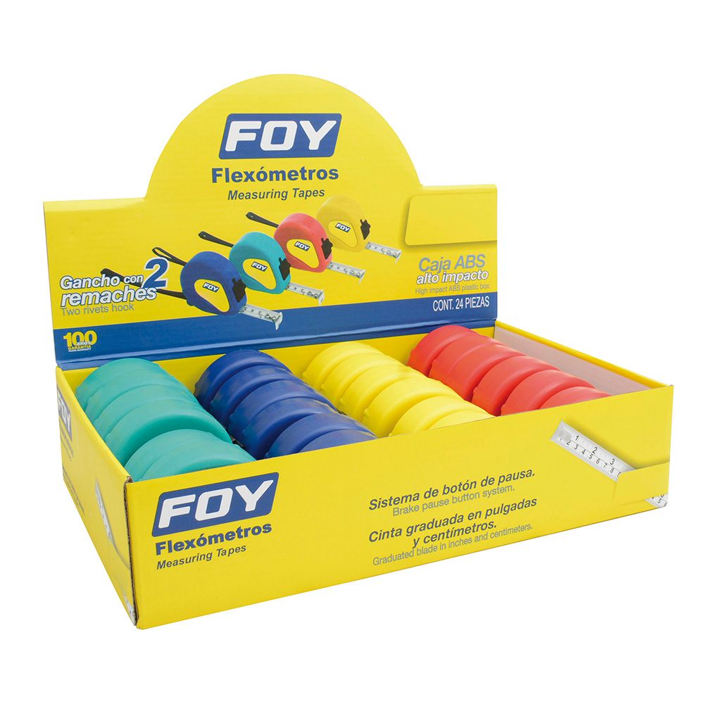 Flexómetros con carcasa de plástico colores en display 5 m x 3/4", 12 piezas Foy