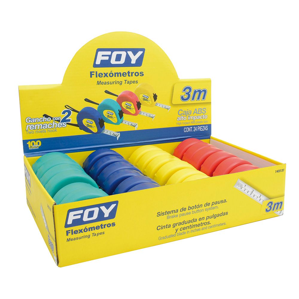 Flexómetros con carcasa de plástico colores en display 3 m x 1/2", 24 piezas Foy