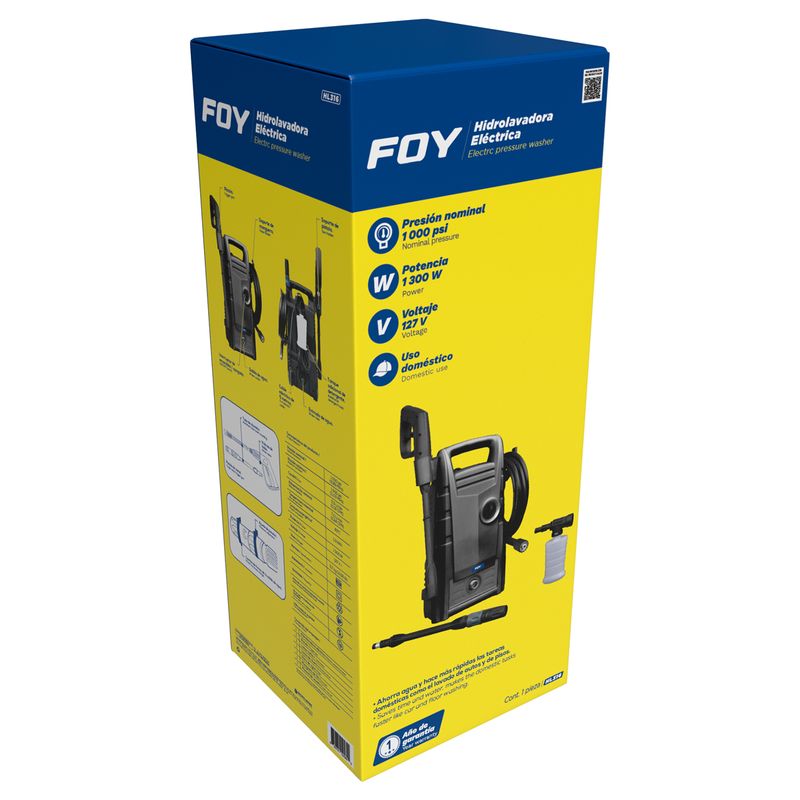 Hidrolavadora eléctrica 1300 W 127 V 1600 PSI, 5.5Lt por minuto flujo máximo Foy
